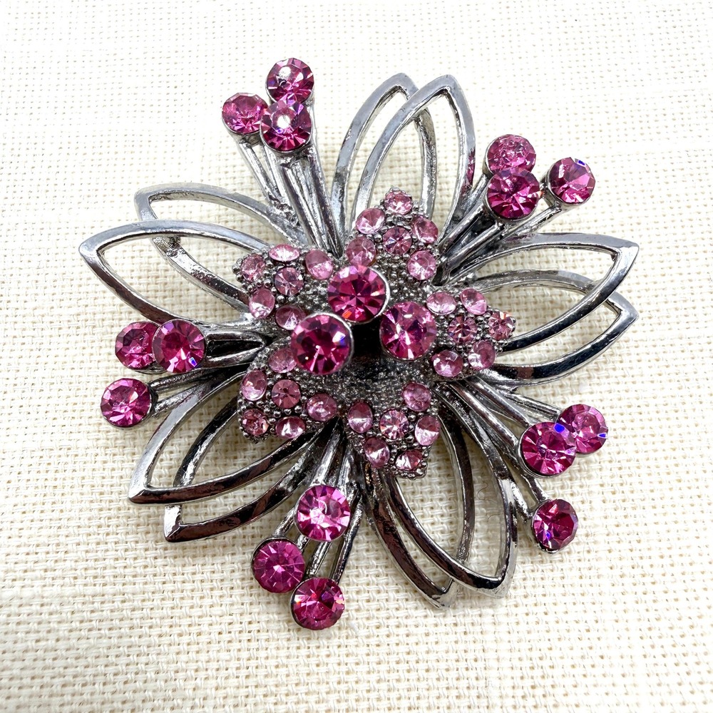 Vintage Retro Silver Tone Sparkling Pink Rhinestone Floral Brooch Pendant